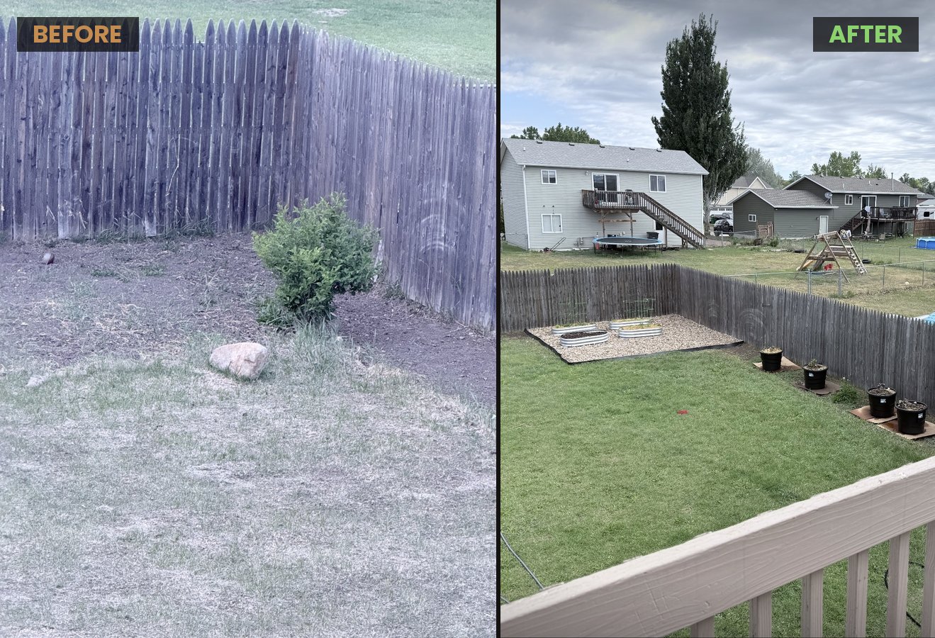 Backyard corner before and after a new raised garden bed in Box Elder, SD