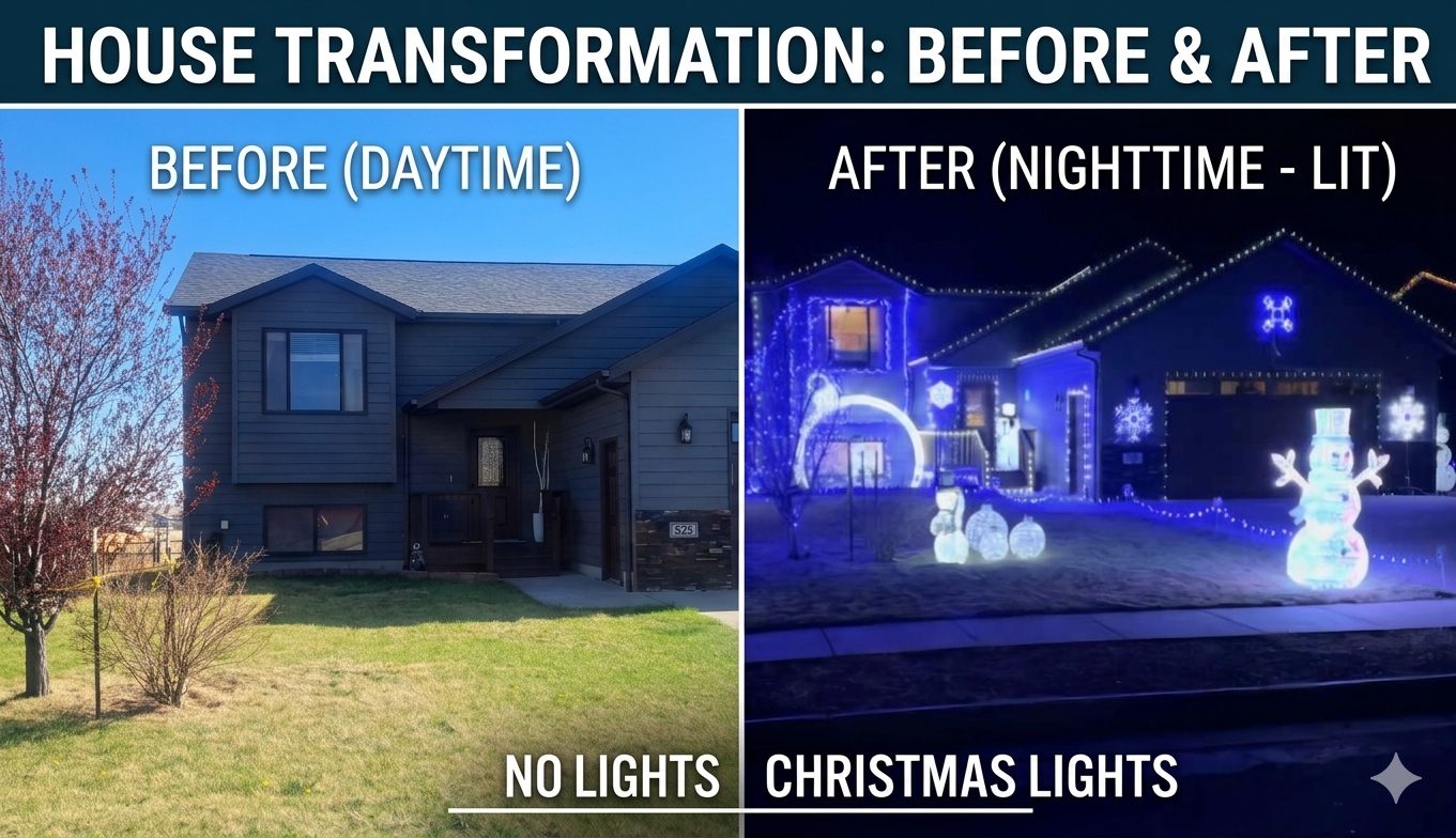 Home before and after holiday lighting, plain in daytime then lit at night with roofline lights and yard displays